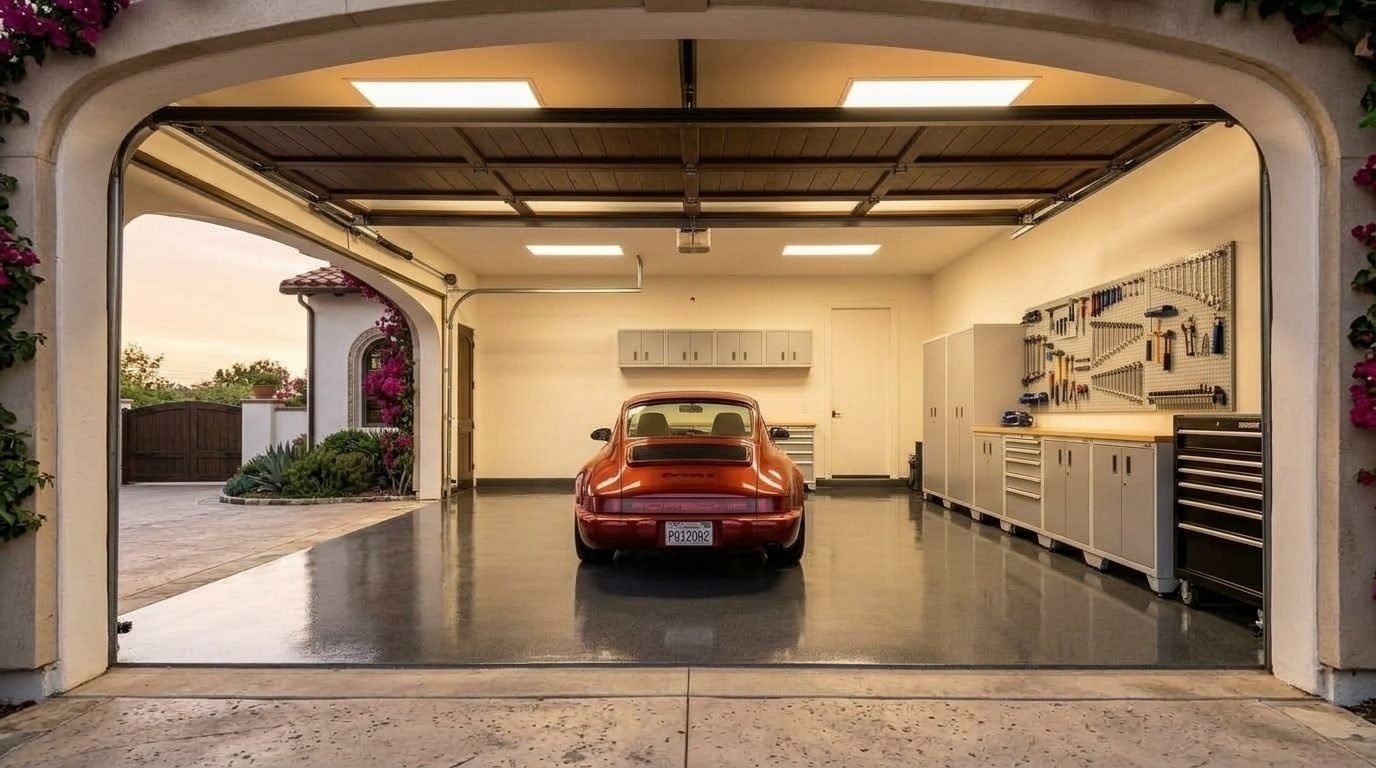 Mercier Precision Garage Doors Interior View of Custom Garage Door Overhead and Workshop